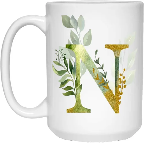 Miniatura 5 de Taza de café Alpha/N con letra gráfica N – Letra alfabeto monograma N – oro brillante cualquier letra floral alfabeto té café caliente taza