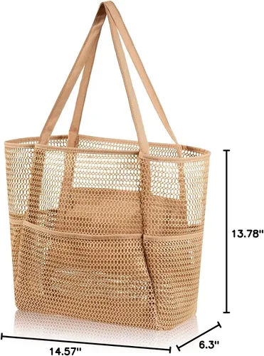 Miniatura 8 de Bolsa de playa de malla, bolsa de hombro extragrande para mujer, bolsa de piscina para compras, viajes y vacaciones