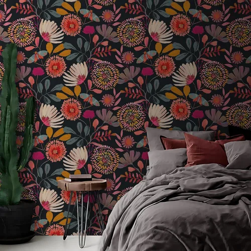 Miniatura 6 de Papel tapiz floral para despegar y pegar, extraíble, impermeable, azul marino/rosa/naranja, papel de contacto para dormitorio, baño, pared