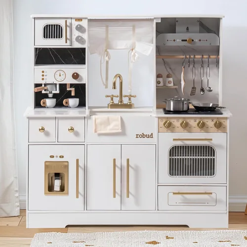 ROBUD Juego de cocina de madera para niños, cocina de juguete de simulación con máquina de hielo, máquina de café, horno, microondas, gabinete,