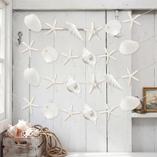 Miniatura 7 de Pajean 40 Pcs Beach Seashell Garland Banner with Pearl Print Starfish Cutouts, Coastal Nautical Hanging Decor for Bridal Shower Wedding Reception