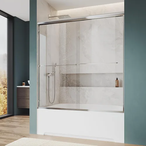 Miniatura 9 de ELEGANT 58.5-60 pulgadas de ancho x 57 3/8 pulgadas de alto, puertas corredizas de vidrio para bañera, puerta de ducha semi-sin marco con vidrio