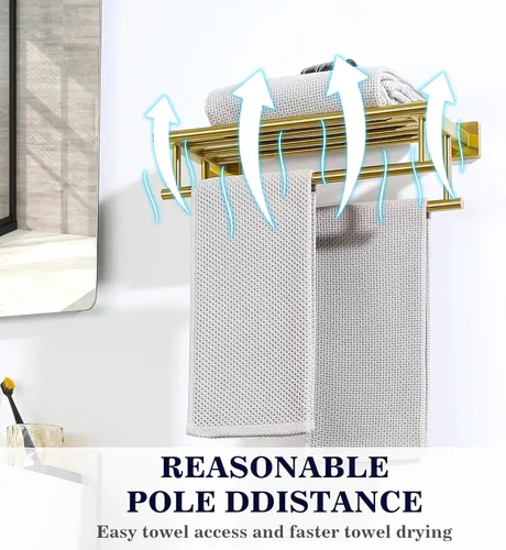 Miniatura 4 de Alise Toallero, toallero con barras dobles para toallas, soporte de torre de montaje en pared para baño y lavabo, estante de toalla de acero Dorado