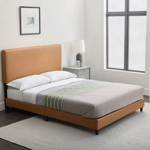 Miniatura 8 de Edenbrook Cama de plataforma con cabecero, no necesita somier, base de cama tapizada de piel sintética, perfil bajo, fácil montaje, color negro