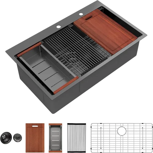 Miniatura 13 de Sarlai 15 Fregadero de Barra de 15x15 Pulgadas para Cocina, Fregadero de Barra de Acero Inoxidable de Calibre 16, Estación de Trabajo con Repisa