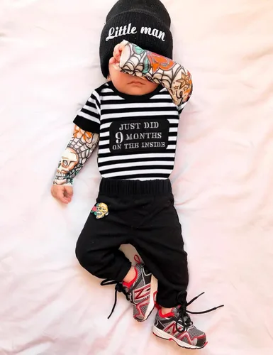 Miniatura 10 de Conjunto de 3 piezas de ropa para bebé y niño, manga de tatuaje, mameluco divertido y pantalones