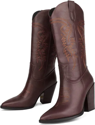 Miniatura 2 de ISNOM Botas vaqueras para mujer, botas occidentales bordadas con punta puntiaguda y tacón grueso