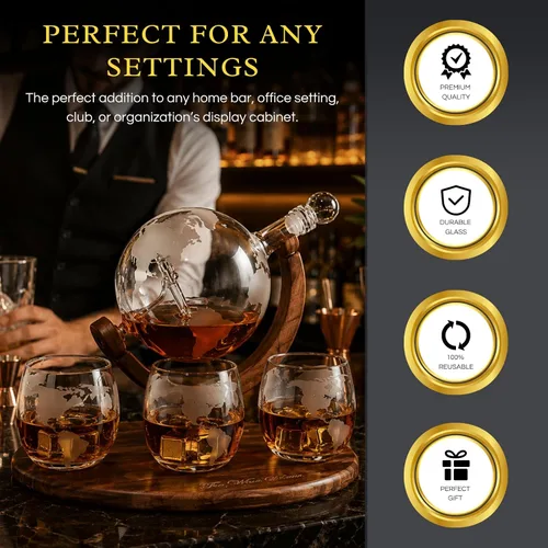 Miniatura 4 de Decantador del mundo grabado con globo de whisky, juego de regalo de whisky The Wine Savant con avión antiguo, piedras de whisky y 4 vasos de mapa