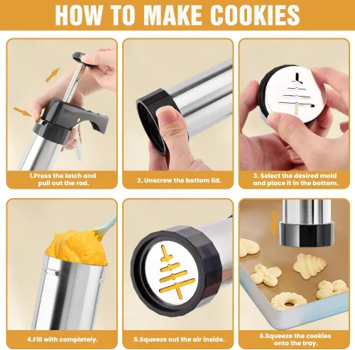 Miniatura 5 de Prensa de galletas de acero inoxidable, kit de pistola de prensa de galletas, fabricante de Spritz con 8 puntas de tubería y 13 discos para hacer