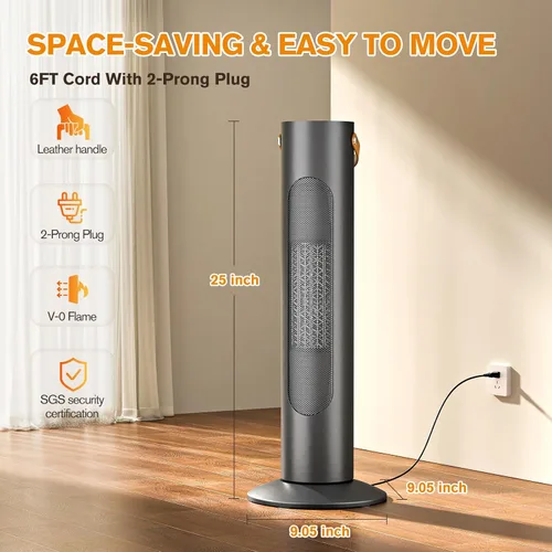 Miniatura 7 de Combo de calentador de torre y ventilador 2 en 1, calentadores eléctricos de 25 pulgadas para uso en interiores, oscilación de 70°, calefacción