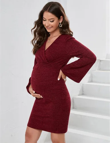 Miniatura 3 de KOJOOIN Maternity Dress Rib Knit Wrap V Neck Bell Long Sleeve Sweater Bodycon Midi Dress Baby Shower Photoshoot