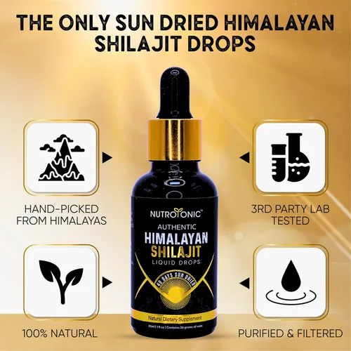 Miniatura 2 de NutroTonic - Gotas líquidas auténticas de Shilajit del Himalaya - Shilajit para hombres y mujeres - 60 días secado al sol - Grado oro raro A+