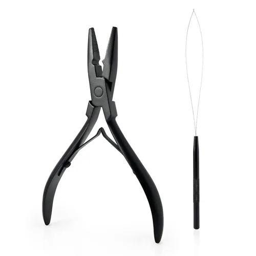 Gomake Juego de extensiones de cabello cerradas y removedoras de alicates, micro anillos de silicona, extensiones de cabello, aguja de bucle, Negro