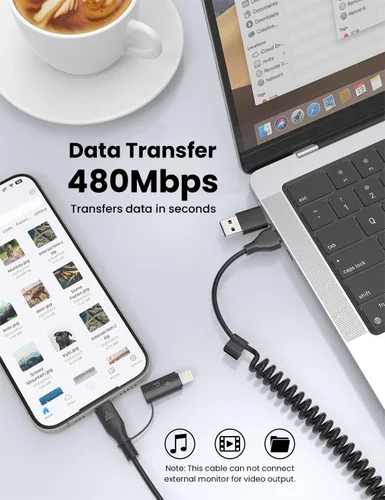 Miniatura 6 de Cable USB-C y Lightning en espiral 2 en 1, cable de carga para iPhone 17 16 de 3 pies, cable de carga rápida de 60 W para iPhone 15, Samsung Galaxy