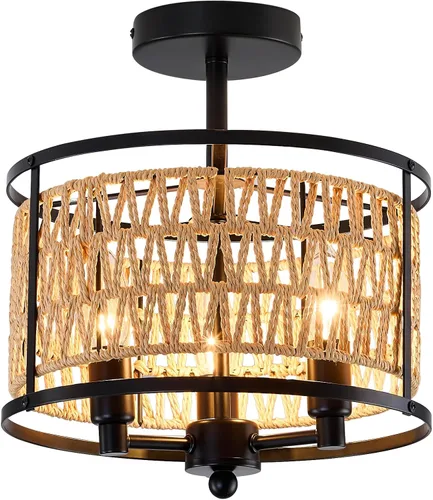 Miniatura 9 de Lámpara de techo de ratán de 3 luces, de 11 pulgadas, estilo bohemio, semiempotrada, lámpara de techo negra tejida a mano para casa de campo