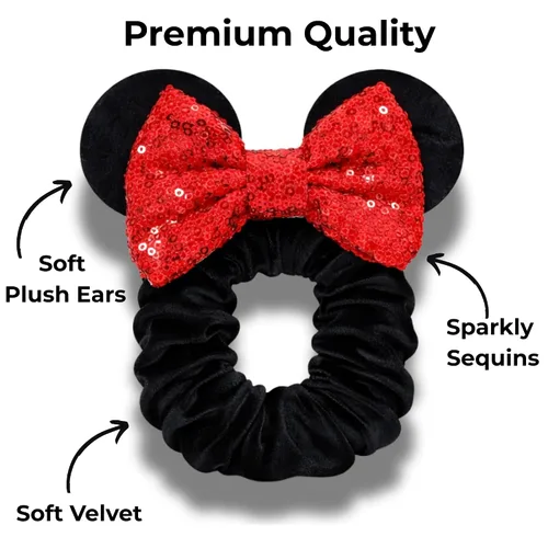 Miniatura 3 de Styla Hair Paquete de 2 coleteros de ratón para niños, de terciopelo, con lentejuelas brillantes, para cola de caballo (rojo y negro)