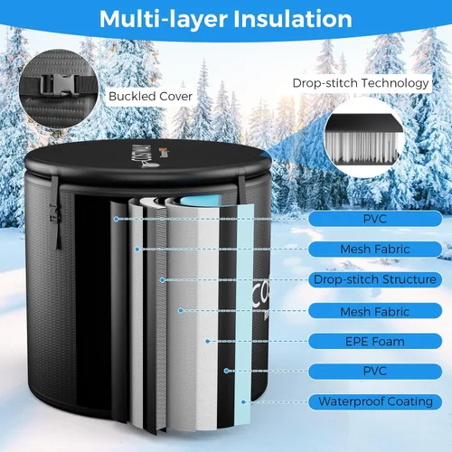 Miniatura 4 de COSTWAY L - Tina de baño de hielo ovalada de 79 galones con tapa, bañera inflable portátil para exteriores con mochila, bomba, para terapia de frío