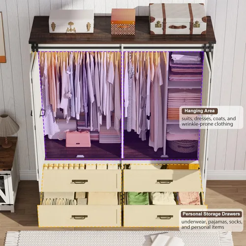 Miniatura 5 de Armario de guardarropa de granja con 4 puertas, armario de dormitorio con puerta corrediza plegable estilo granero y luces, armario de dormitorio