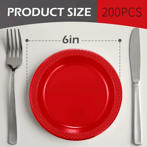 Miniatura 2 de Mimorou 200 platos de plástico rojo pequeños desechables a granel de 6 pulgadas para todas las ocasiones, eventos especiales, bodas, cumpleaños