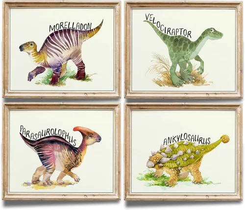 Miniatura 20 de DREAM BIG PRINTABLES Impresiones artísticas de acuarela de dinosaurios (juego de 4) – sin marco – 8 x 10 s El juego incluye tiranosaurio Rex