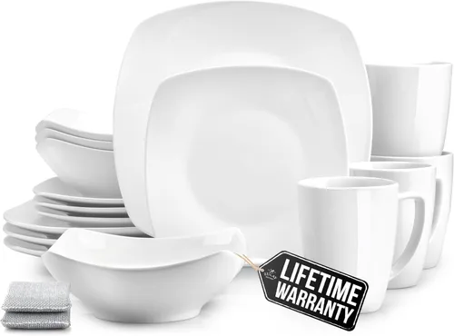Zulay Kitchen Luna - Juego de platos y cuencos, juego de vajilla de porcelana moderno de 16 piezas para 4, resistente a las astillas y a los Blanco