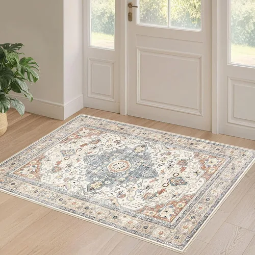 Alfombra de área pequeña de 2 x 3: lavable, bohemio, neutro, vintage, suave, para interiores, alfombra oriental para interiores, estilo rural,