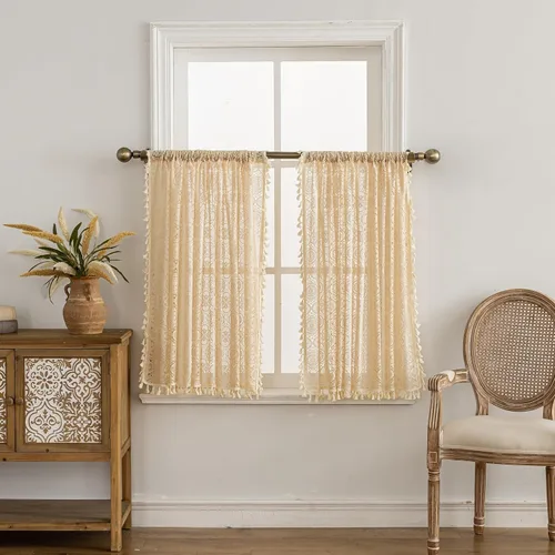 Miniatura 7 de YJ YANJUN - Cortinas de café boho, 24 pulgadas de largo, 2 paneles, cada una de 59" de ancho x 24" de largo, beige, con crochet, cortinas de cocina