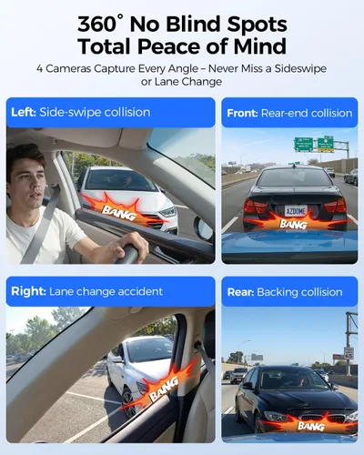 Miniatura 6 de AZDOME Cámara de Tablero de 360° de 4 Canales Frontal y Trasera Interior, eMMC Integrado de 128GB, 2K+1080P*3 Dashcam, Izquierda Derecha, Control
