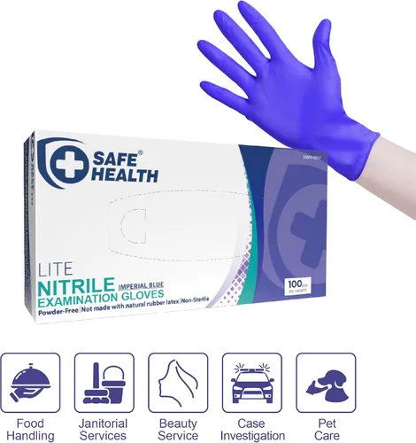 Miniatura 5 de Safe Health Nitrile Exam Gloves – 4 mil, Latex-Free, Powder-Free, Disposable, Blue, Medical Grade, Food, Cleaning Use