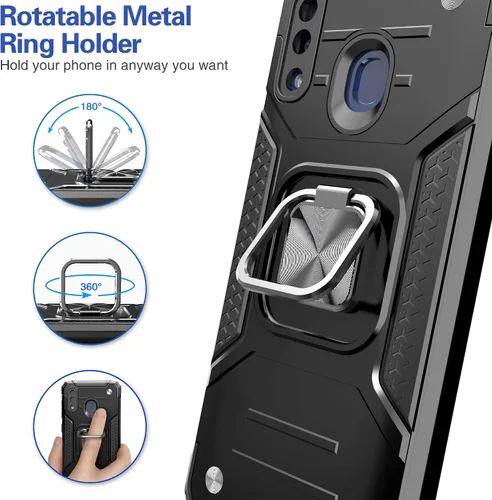 Miniatura 3 de Funda para Galaxy A20 con protector de pantalla, a prueba de golpes, a prueba de caídas, ajuste delgado, con soporte de automóvil, cubierta Negro