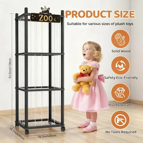 Miniatura 7 de Torre del zoológico de almacenamiento de animales de peluche, organizador grande de madera de 56 pulgadas con ruedas, almacenamiento de peluches