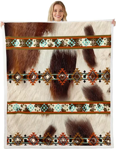 Miniatura 25 de Erosebridal Manta de forro polar de piel de vaca con estampado de leopardo marrón, manta occidental de 50 x 60 pulgadas, manta con estampado de vaca
