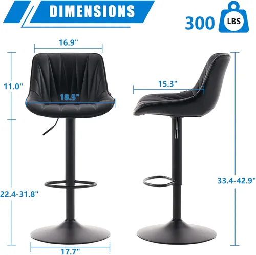 Miniatura 2 de YOUNIKE Juego de 2 taburetes de bar para isla de cocina, taburetes de bar altos giratorios negros, taburetes de bar ajustables con respaldo
