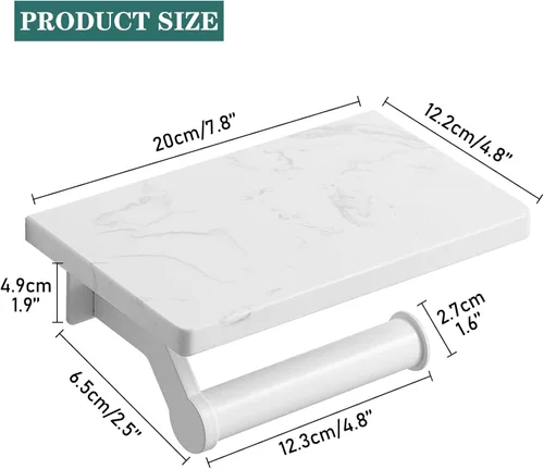 Miniatura 7 de Hoimpro Soporte de papel higiénico de aluminio blanco con estante de mármol natural blanco, soporte de almacenamiento de rollo de papel de seda