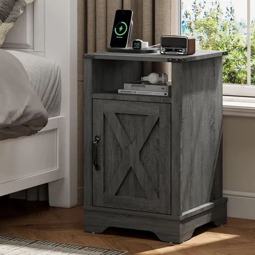 Miniatura 13 de FansaFurn Mesita de noche de granja con estación de carga, mesa auxiliar rústica de madera para dormitorio, sala de estar, 16 pulgadas de Gris claro