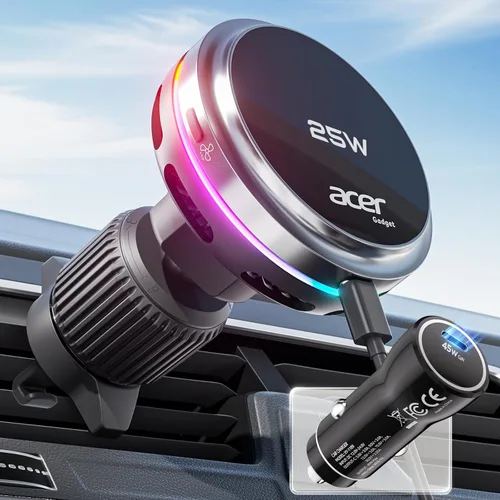 Acer Gadget - Cargador de coche MagSafe de 25 W, cargador inalámbrico de coche con ventilador de refrigeración y luz de fondo, soporte de teléfono