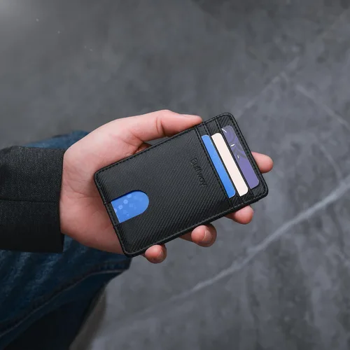 Miniatura 121 de Buffway Billetera delgada para hombre, minimalista con bolsillo frontal delgado, tarjetero de cuero con bloqueo RFID para viajes de trabajo