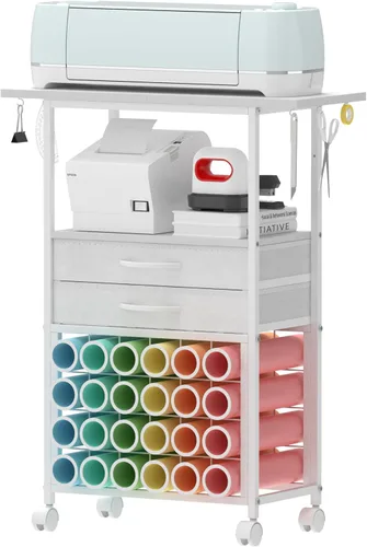 VENNQD Organizador y soporte de almacenamiento compatible con máquinas Cricut, carrito de almacenamiento rodante/estante con 24 soportes de rollo de
