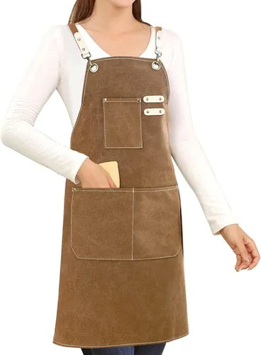Miniatura 9 de Delantal de lona de algodón con espalda cruzada para pintar, jardinería, chef, barman, trabajo, impermeable, ajustable, con 3 bolsillos