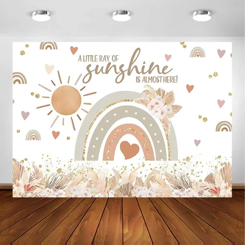 Avezano Telón de fondo bohemio para baby shower, césped de las pampas, fondo bohemio para fotografía de fiesta con arco iris y sol, decoración de