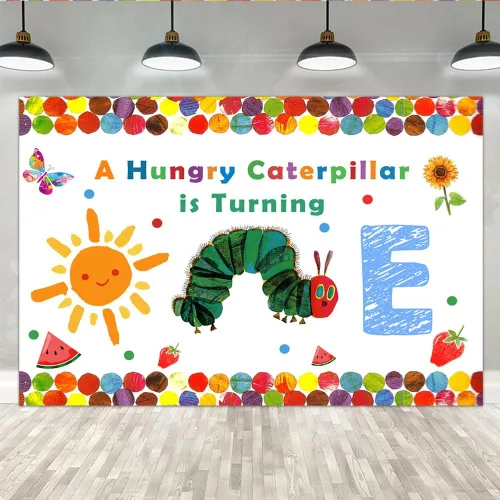 Miniatura 9 de Lofaris A Hungry Caterpillar is Turning One Happy Birthday - Telón de fondo de fiesta de cumpleaños con diseño de oruga de dibujos animados, diseño