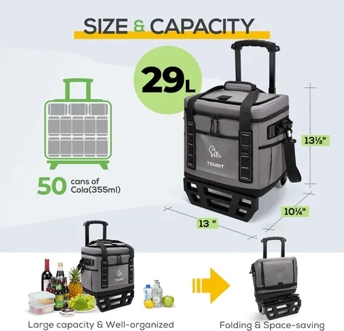 Miniatura 2 de TOURIT Hielera Portátil Plegable Rodante Suave para 50 Latas con Espacio de 29L y Carrito Todoterreno Reforzado con Ruedas para Transporte Fácil
