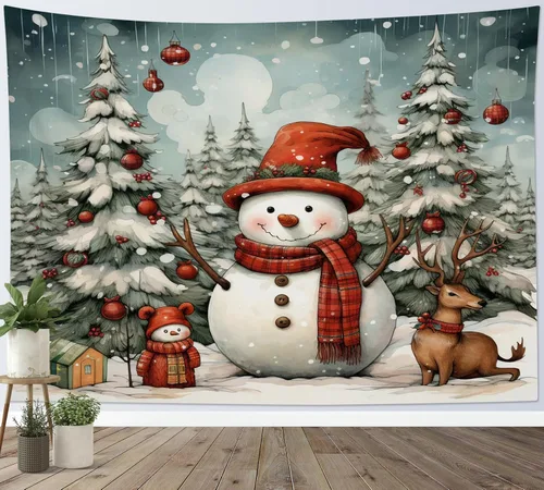 Miniatura 11 de HVEST Tapiz navideño de invierno para colgar en la pared, muñeco de nieve divertido con sombrero azul y tapices de regalo de Navidad, tapiz de pino