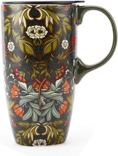 Miniatura 12 de Topadorn Taza de café de cerámica de 17 onzas, taza de viaje floral de cachemira azul y amarillo con tapa, apta para microondas y lavavajillas, sin