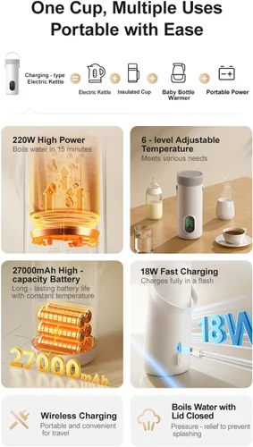 Miniatura 9 de Hervidor eléctrico portátil, hervidor de viaje inalámbrico recargable con batería de 27000 mAh de ebullición rápida para acampar al aire libre