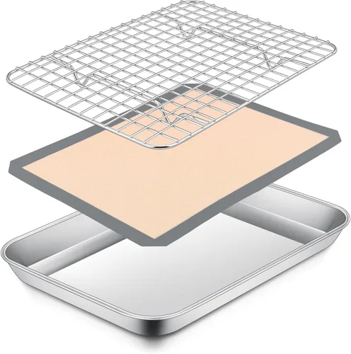 Miniatura 10 de P&P CHEF Bandeja para horno tostador de 9 x 7 x 1 pulgadas con rejilla y alfombrilla de silicona, bandeja para horno tostador de acero inoxidable