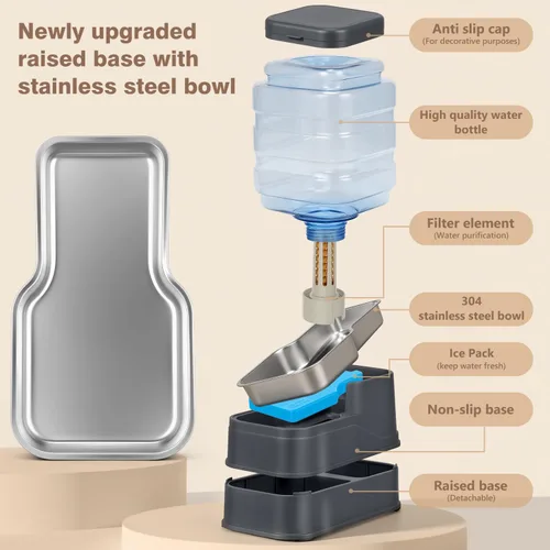 Miniatura 5 de Dispensador automático de agua para perros de 1.1 galones, comedero por gravedad para gatos con cuenco de acero inoxidable, cuencos elevados