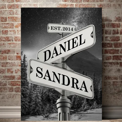 Miniatura 12 de Mapileng Lienzo personalizado de Crossroads Street Sign para parejas, nombres personalizados y fecha, arte de pared vintage, regalo del día de San