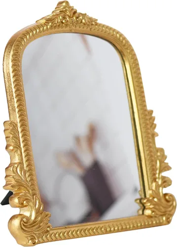 Espejo arqueado dorado vintage para tocador con marco de resina, tamaño pequeño (9.5 x 11.6 pulgadas), espejo de pie para sala de estar, dormitorio,