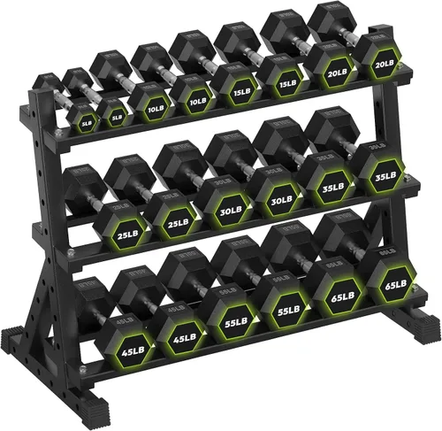 Miniatura 21 de HANDBODE Soporte para mancuernas de 3 niveles, estante de almacenamiento de capacidad de 1000 libras, estante de pesas para mancuernas, pesas rusas